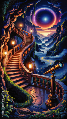 Magical fantasy staircase to the stars with telescope, glowing lanterns and cosmic portal over misty mountains at sunset