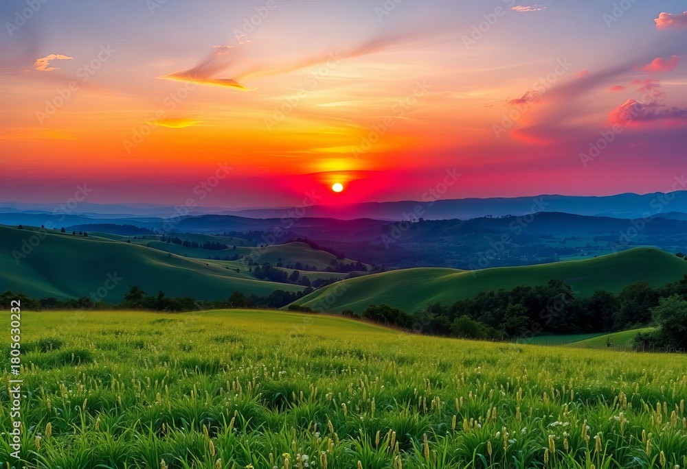Obraz premium Vibrant sunset over rolling hills and lush green meadow, view, environment