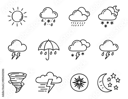 Weather Forecast Icons Set Hand Drawn Doodle Line Art Climate Symbols