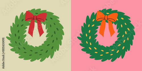 Vector illustration of Christmas wreath decorated with festive bows in different color styles. Simple and cozy holiday design perfect for cards, stickers, prints, and seasonal decor