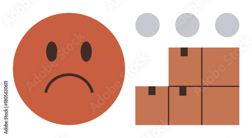 Orange sad face alongside three gray circles and four stacked brown boxes conveys stress, unhappiness, effort, overwork, dissatisfaction, challenges, and emotional burden. Ideal for mental health