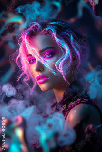 A striking cyberpunk woman with glowing pink-cyan hair emerges from swirling neon smoke, her face illuminated in vivid magenta and blue light