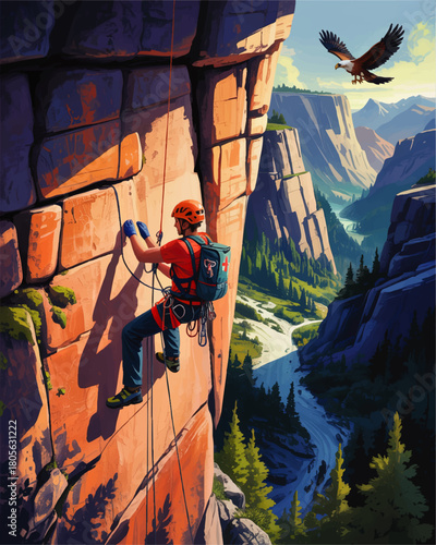 Rock climber on sunlit canyon wall above river valley with soaring eagle, adventure sport illustration, outdoor mountain landscape