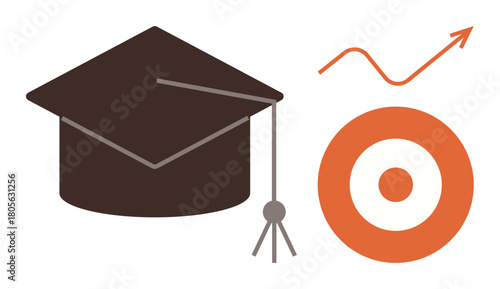 Graduation cap with tassel alongside a target and upward arrow indicating educational success, progress, and goal setting. Ideal for education, achievement, growth, progress, learning, career