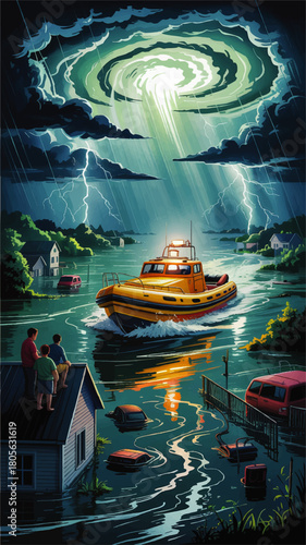 Dramatic storm flood rescue scene with yellow lifeboat, lightning, vortex clouds and stranded family on rooftop at night