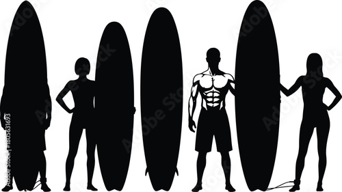 Silhouette surfers with surfboards on beach, diverse male and female figures, summer sport, ocean lifestyle, outdoor activity, tropical vacation, vector illustration