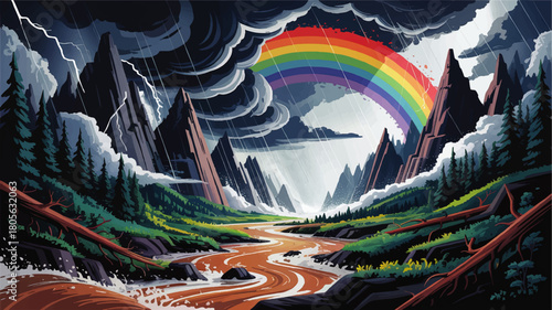 Dramatic mountain storm landscape with rainbow over winding river, dark clouds, lightning and evergreen forest illustration