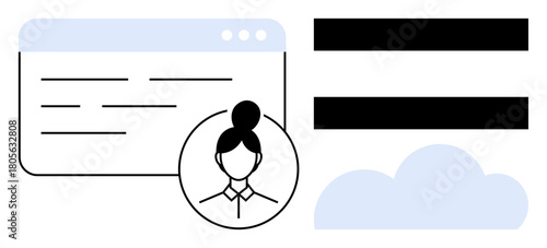 Female avatar framed in a circular icon, webpage layout with text lines, cloud graphic, equal bars. Ideal for user interface, personal profile, HR, data access, web management online identity