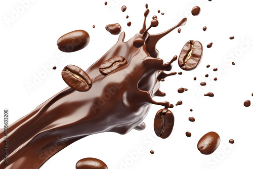 A dynamic splash of rich chocolate with coffee beans erupting from a hand. set against a clean white background. illustrating the fusion of flavors for culinary use
