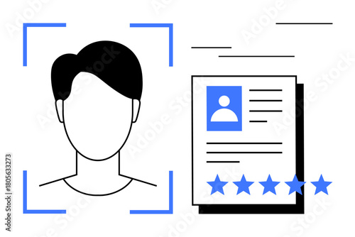 Facial recognition and user profile evaluation with star rating system. Ideal for identity verification, biometric technology, online authentication, data security, HR recruitment, customer reviews