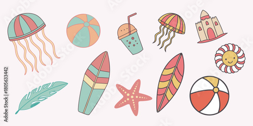 Colorful Summer Beach Items Cartoon Illustration with Jellyfish and Surfboards