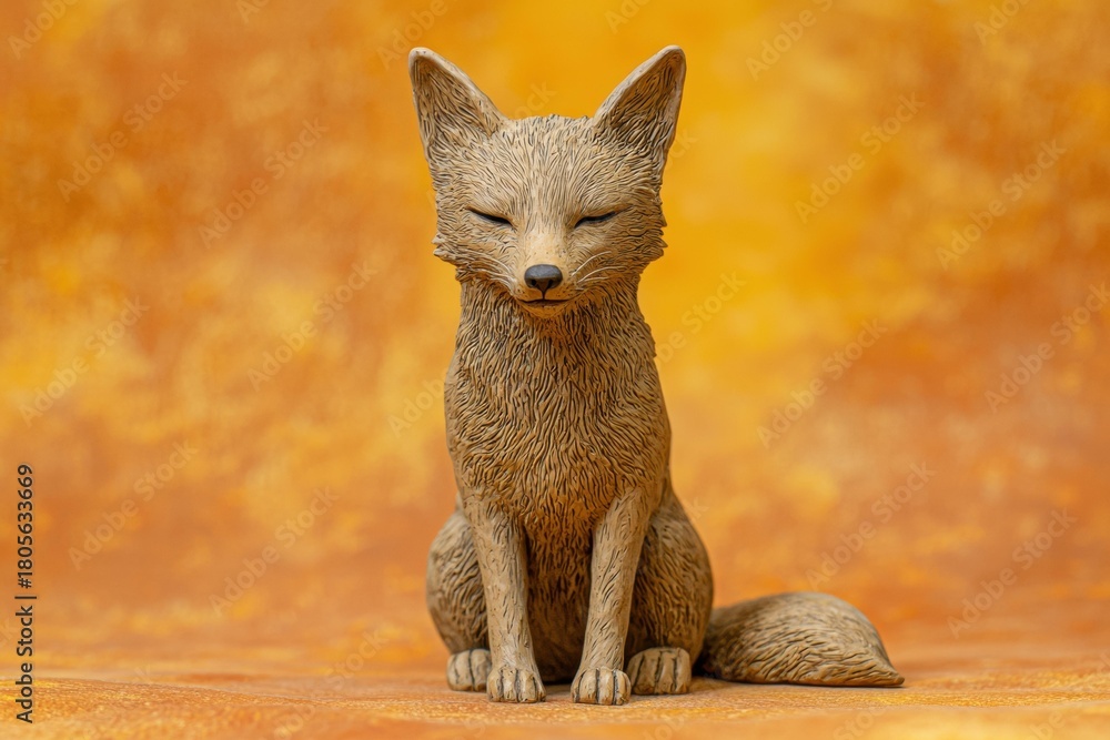 Fototapeta premium A fox figure is sitting upright with its eyes closed. The background is orange. AI.