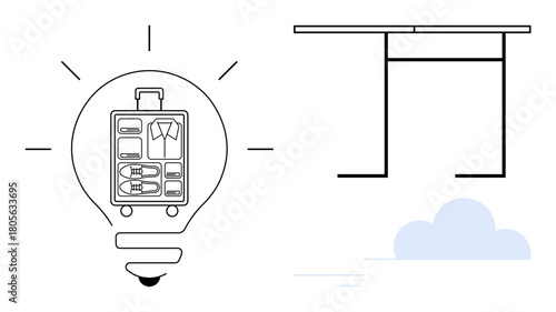 Lightbulb with neatly packed suitcase highlights efficient travel planning. Table and cloud hint at work-life balance, creativity, innovation. Ideal for travel, organization, productivity