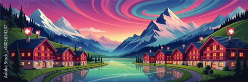 Colorful Swiss alpine village by lake at sunset, cozy chalets with mountains reflected in water, vibrant fantasy landscape illustration