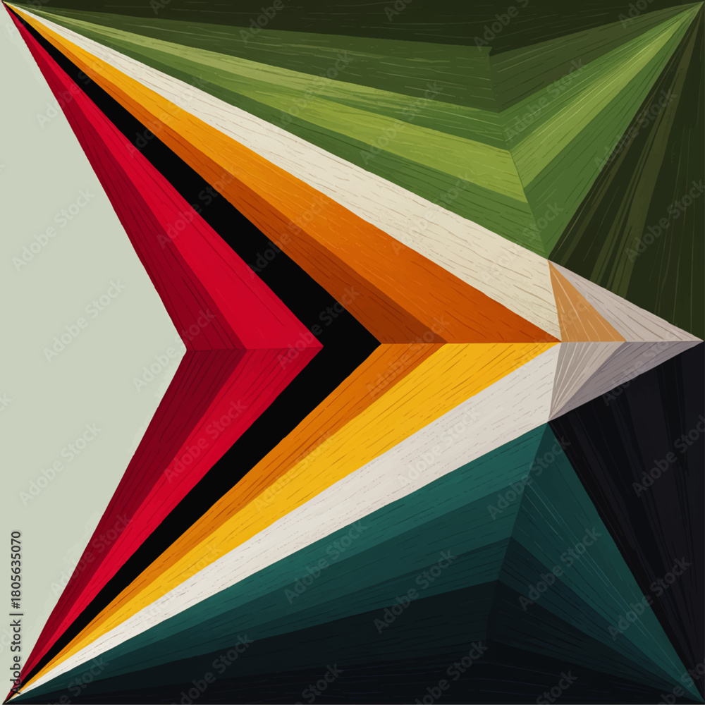 Obraz premium Colorful geometric arrow abstract background, modern diagonal stripes, textured vector pattern in green red yellow teal tones