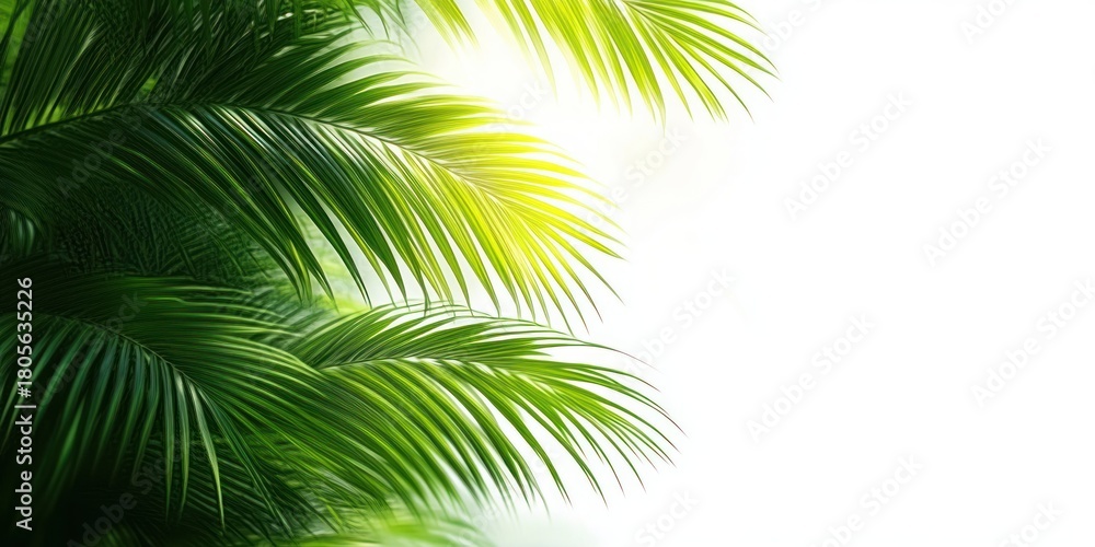 Obraz premium Sunlit green palm fronds layered against a bright white background, evoking calm fresh tropical relaxation