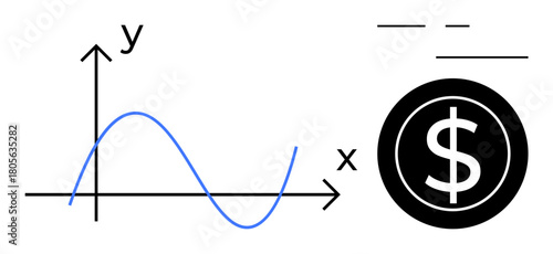 Line graph on X-Y axes paired with dollar symbol conveys financial trends or economic data visualization. Ideal for finance, investment, economy, statistics, forecasting, data, or strategy themes