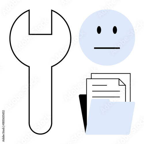 Neutral face beside a wrench and file folder with documents signifies work, tools, and organization. Ideal for repair, maintenance, efficiency, tasks, resources, improvement simple flat metaphor