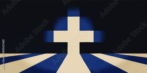 Abstract cross with blue light and rays on dark background, modern geometric religious illustration, faith and hope concept