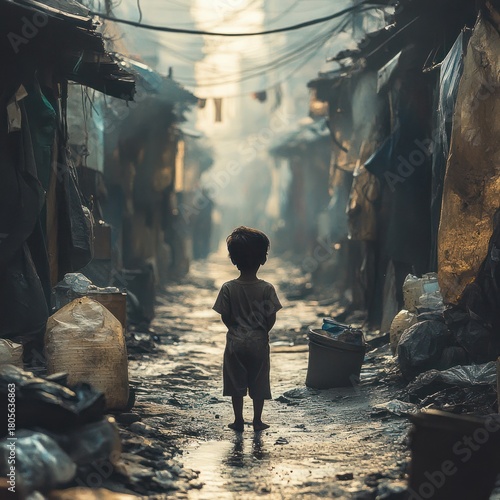 Fototapeta Naklejka Na Ścianę i Meble -  small barefoot child standing alone in a narrow slum alley between makeshift shacks, scattered garbage and plastic jugs under hanging wires, misty light evoking loneliness and melancholy