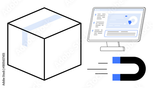 Box with tape, data analytics screen, and magnet symbolizing e-commerce, logistics, marketing strategy, customer attraction, demand, business intelligence, and digital solution as a simple flat