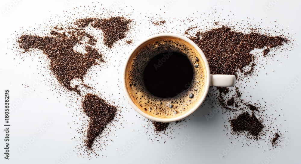 Obraz premium Overhead view coffee cup atop dark grounds shaped like the world map, white background
