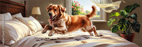 Playful golden retriever jumping on bed with muddy paw prints in cozy sunlit bedroom, window view and indoor monstera plant