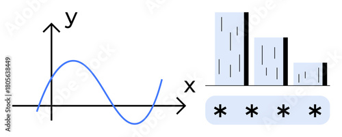 Line graph with x and y axes and bar chart with four categories. Ideal for data analysis, statistics, business planning, trend forecasting, science, education, and reporting. Simple flat metaphor