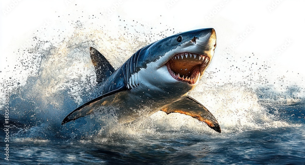 Fototapeta premium fierce great white shark breaching the ocean surface with mouth wide open, sharp teeth bared and water exploding around it