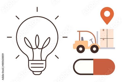 Lightbulb symbolizing ideas, forklift moving packaged goods, pill capsule, and location pin. Ideal for innovation, healthcare, logistics, supply chain, pharmaceutical delivery creativity simple