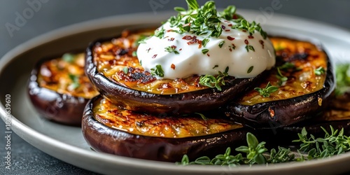 Stack of charred grilled eggplant slices topped with creamy yogurt, fresh thyme and red pepper flakes on a rustic plate, warm and inviting