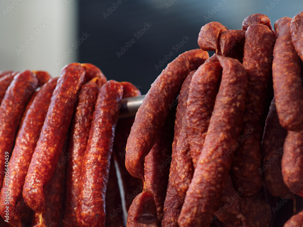 Fototapeta premium Cured Sausages Hanging to Dry in Charcuterie