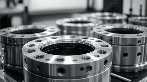 shiny precision machined metal flanges with circular bolt holes arranged on a workshop table, evoking industrial precision and technical order