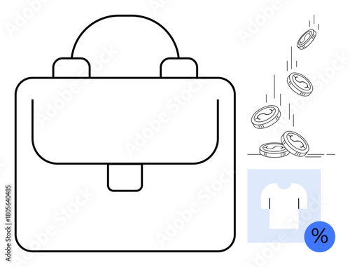 Briefcase representing work or finance, coins signifying money or savings, shirt indicating apparel with a discount sign. Ideal for business, finance, commerce, shopping, retail, savings sales