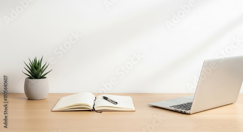 Bright workspace with laptop, notebook and succulent on wooden desk indoors