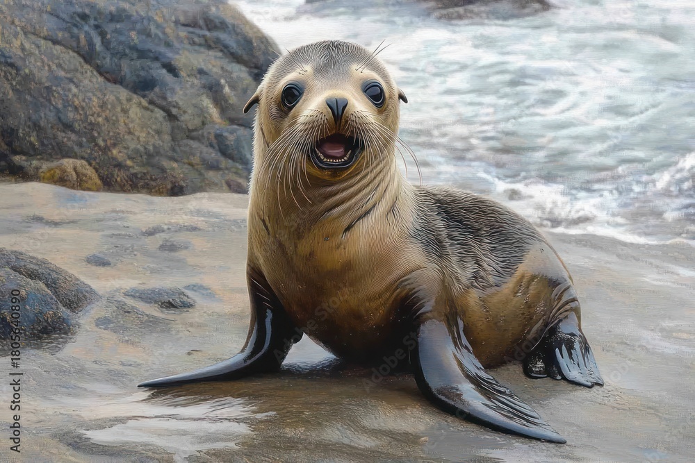 Obraz premium playful young sea lion pup on wet rocky shore with whiskers and bright curious eyes, mouth open as waves lap in the background