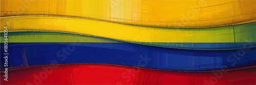 Vibrant abstract Colombia flag background, colorful grunge brushstroke waves in yellow blue red, modern patriotic banner design