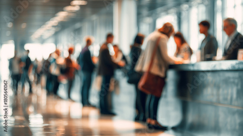 Blurred image inside the bank, blurred service counter and blurred group of people.