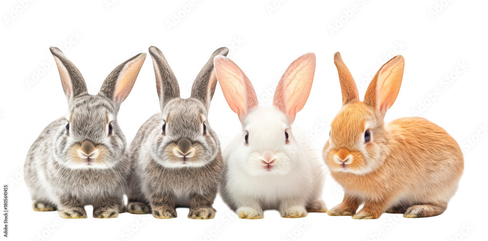 Obraz premium A charming arrangement of four adorable rabbits. their unique fur colors and textures. set against a clean white background. ideal for use in pet-related content or nature-themed designs