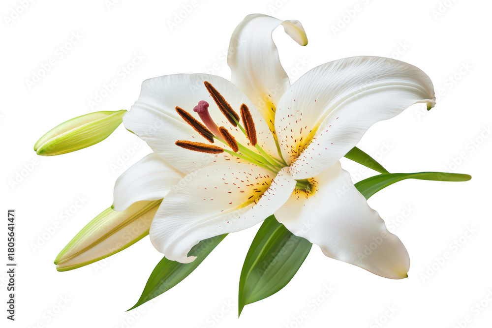 Fototapeta premium A close-up view of a pristine white lily flower with green leaves and unopened buds. set against a clean white background. ideal for nature-themed designs. floral arrangements. or botanical studies