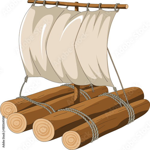 Wooden raft, log boat, primitive watercraft, rope tied logs, sail mast, traditional vessel, nautical transport, handmade raft, sailing craft, exploration raft