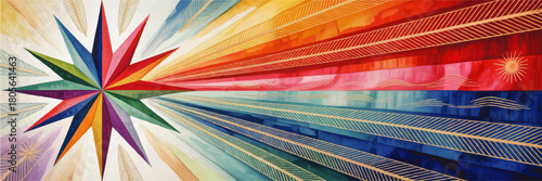 Vibrant abstract compass rose with colorful sunburst rays, geometric lines and watercolor texture background panorama illustration