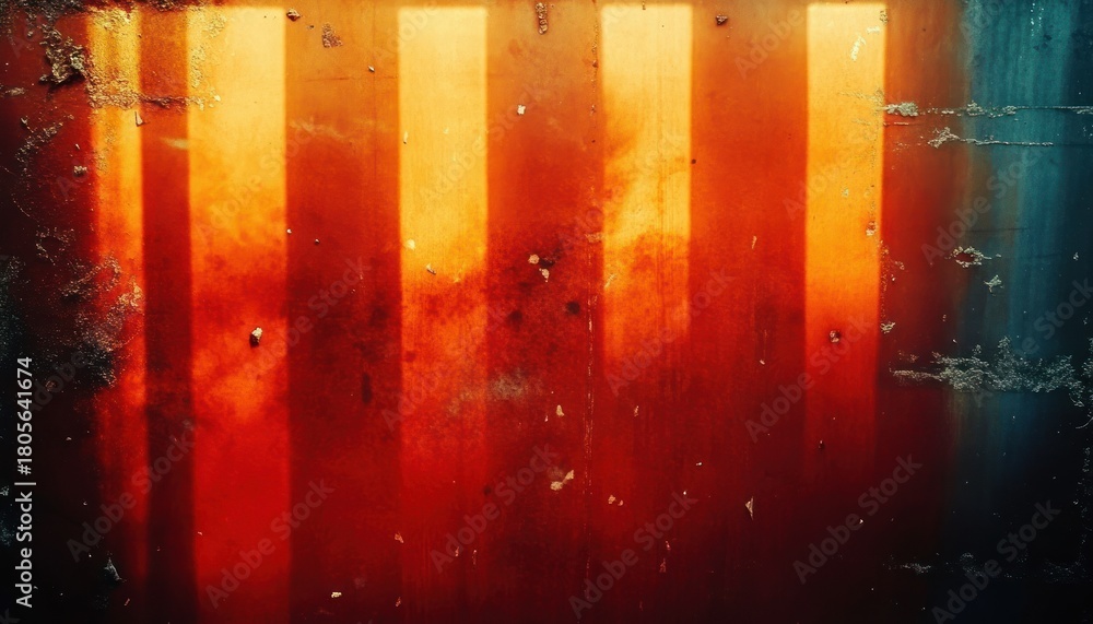 Naklejka premium vertical bands of warm orange sunlight on a rusted corrugated metal wall with peeling paint and teal edges, moody gritty atmosphere