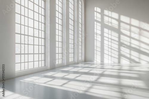 Sunlit empty white room with tall arched grid windows casting geometric shadows across a polished floor, serene minimalist and airy interior