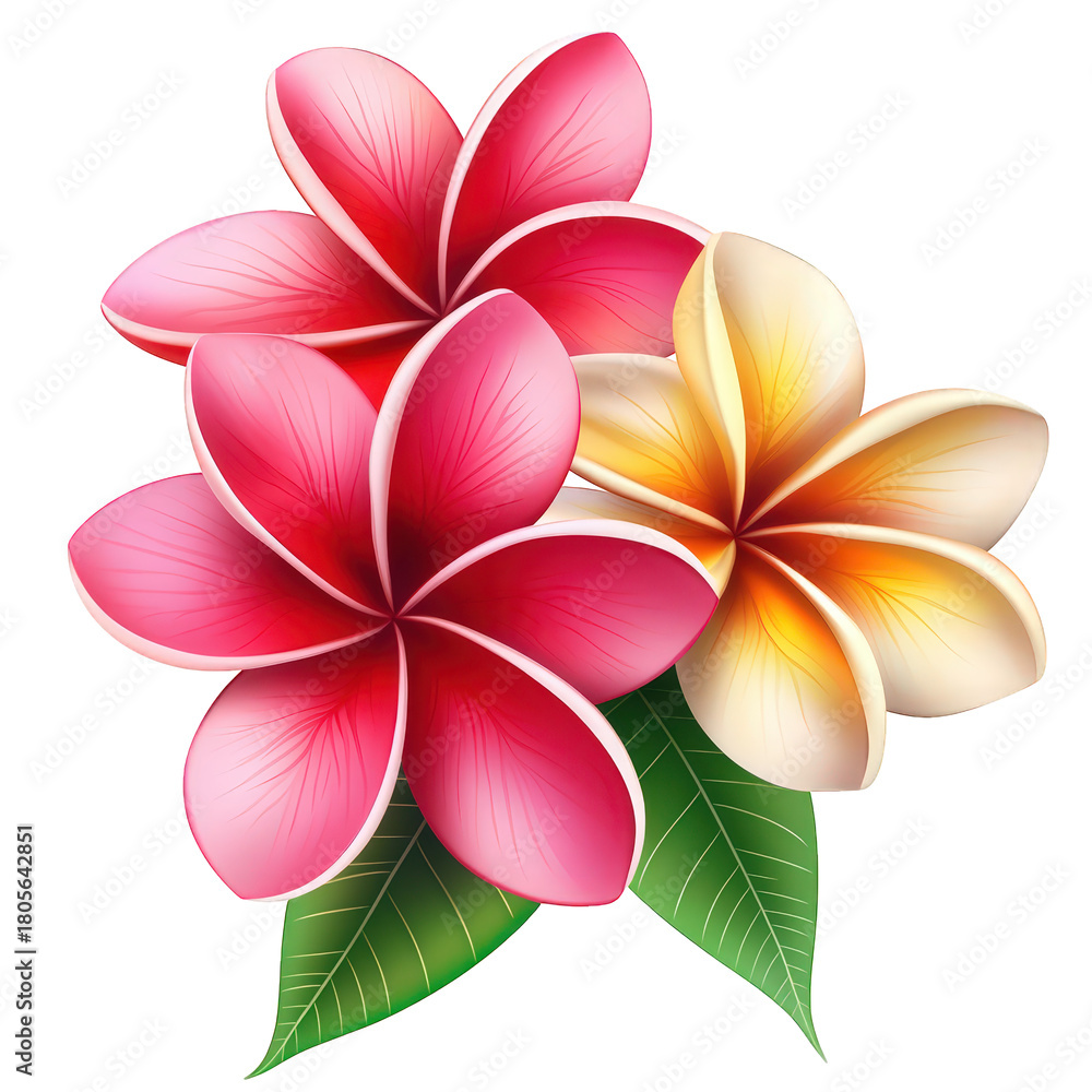 Obraz premium A vibrant cluster of plumeria blossoms, isolated on transparent background, showcases a blend of pink and yellow hues, creating a tropical and inviting floral arrangement