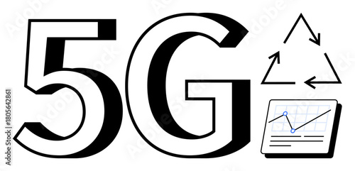 5G text next to a recycling symbol and a tablet displaying a graph. Ideal for technology, sustainability, progress, innovation, eco-friendly advancements, wireless communication, simple flat metaphor