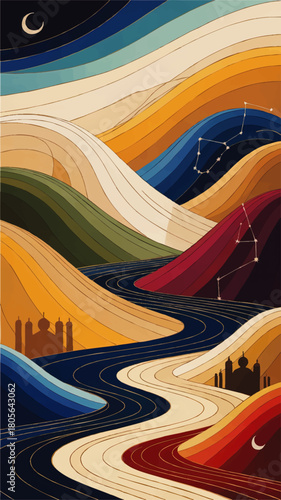 Colorful abstract desert landscape with flowing river, mosque silhouettes and night sky constellations, modern Islamic art illustration