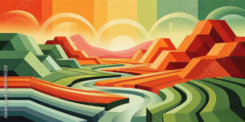Abstract geometric landscape with colorful mountains, winding river and sunrise in retro gradient style background illustration
