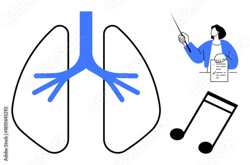 Lung diagram with bronchioles highlighted, large music note symbolizing singing, and professional guiding with document and pen. Ideal for vocal training, health, education, wellness, respiratory