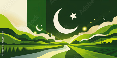 Abstract Pakistan flag landscape illustration with crescent moon, star, green mountains, mosque silhouette and glowing lights